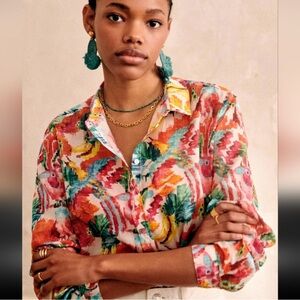 Sezane Pierro Silk Cotton Shirt Tropic Ecru Floral Size 34 Blouse Summer